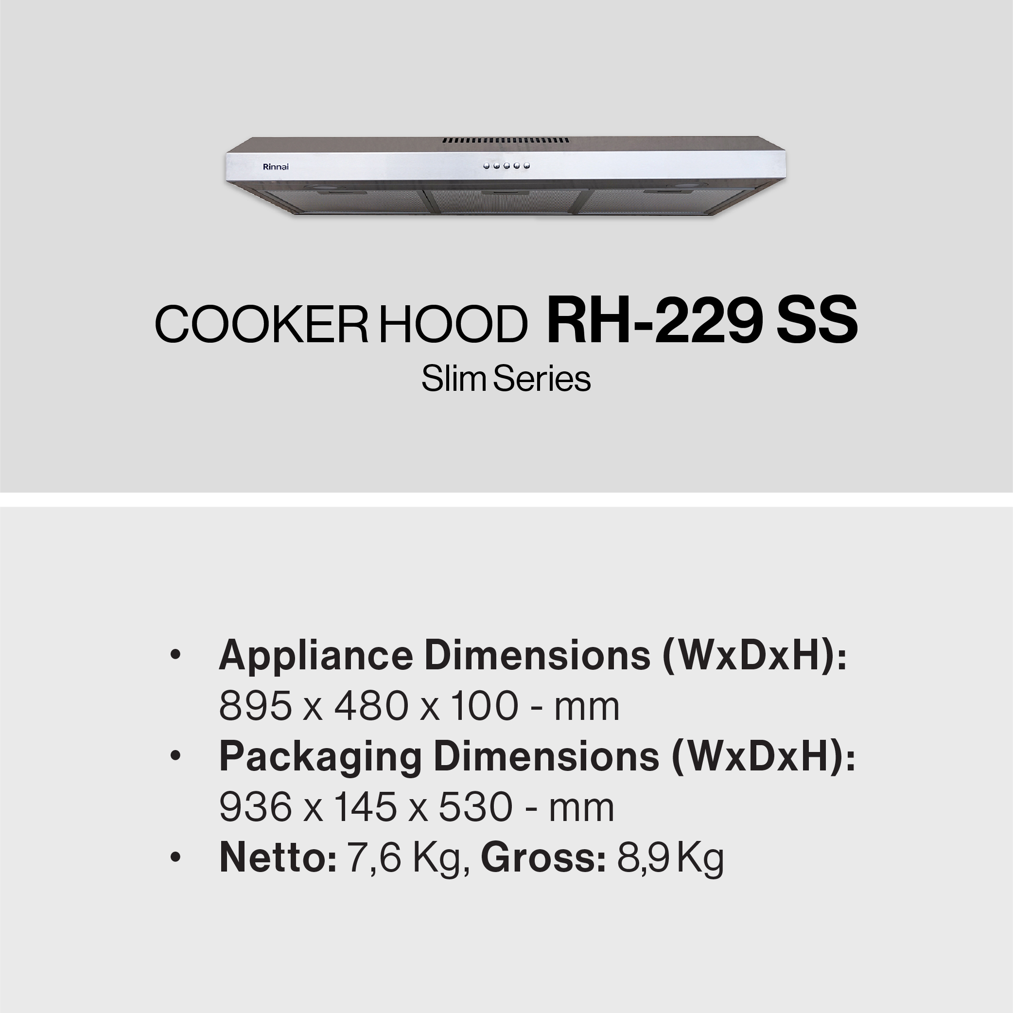 Rinnai Cooker Hood - RH229SS